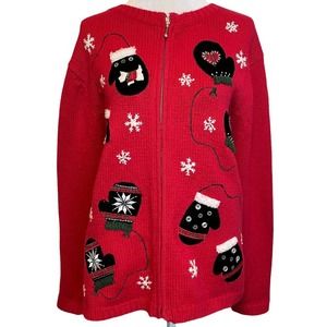 Vintage Red Mitten Snowflake Ugly Christmas Sweater Zip Jacket Size XL
